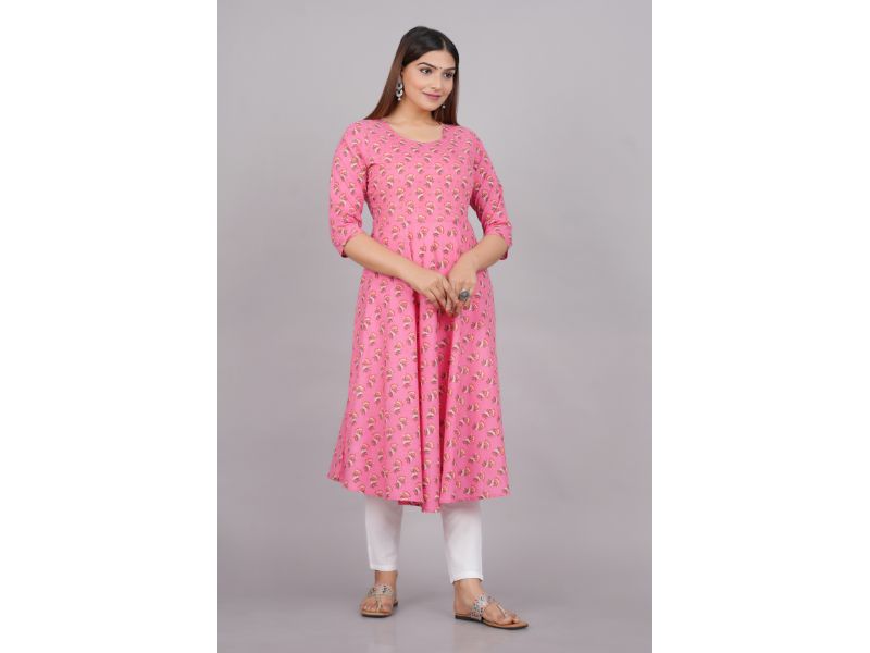 House of RP Women Pink Cotton Floral Print Anarkali Kurta | Swadesiicart