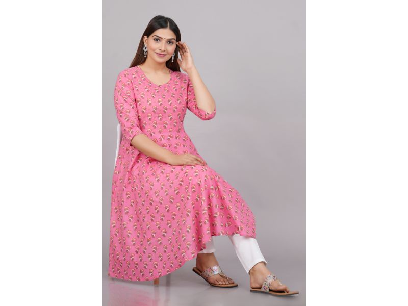 House of RP Women Pink Cotton Floral Print Anarkali Kurta | Swadesiicart