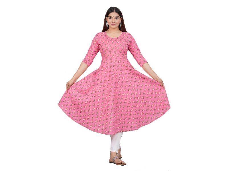 House of RP Women Pink Cotton Floral Print Anarkali Kurta | Swadesiicart