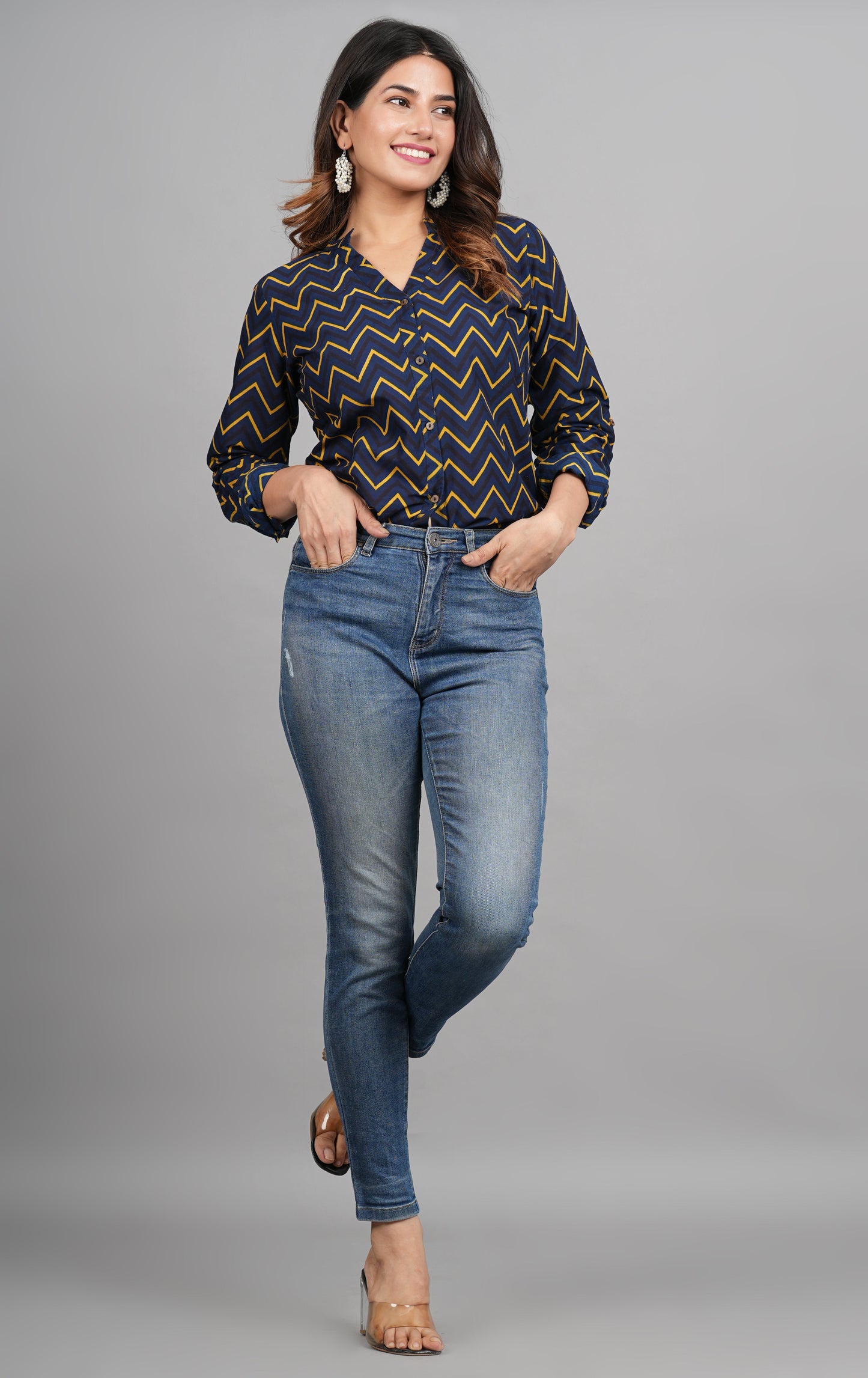 House of RP Women Cotton Dark Blue Print Casual Shirt | Swadesiicart