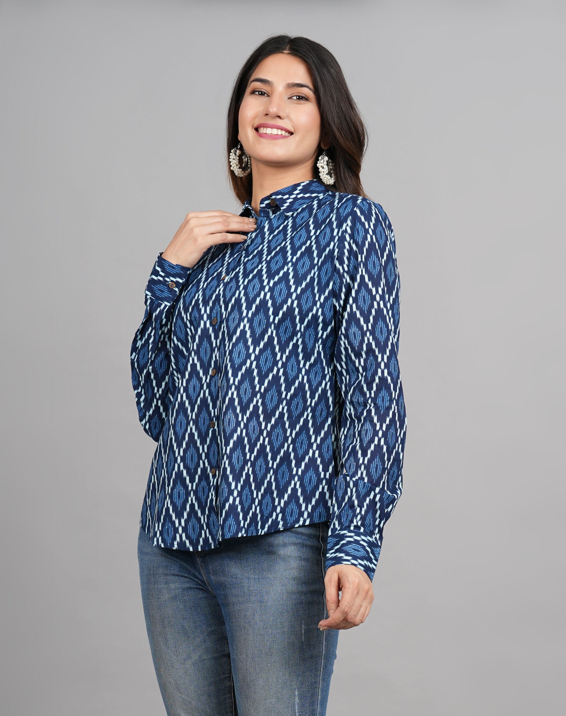 House of RP Women Cotton Blue Print Casual Shirt | Swadesiicart