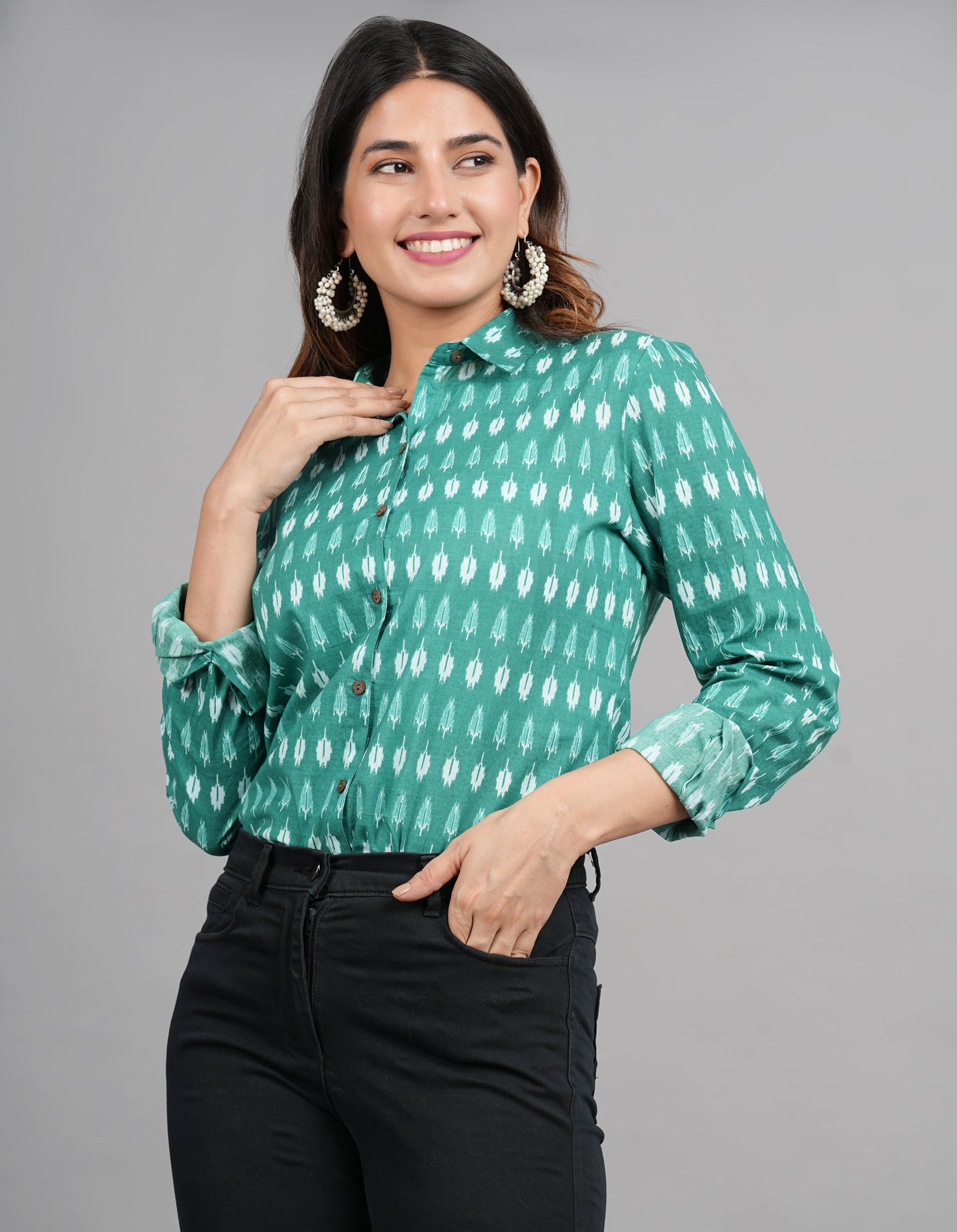 House of RP Women Cotton Green Print Casual Shirt | Swadesiicart