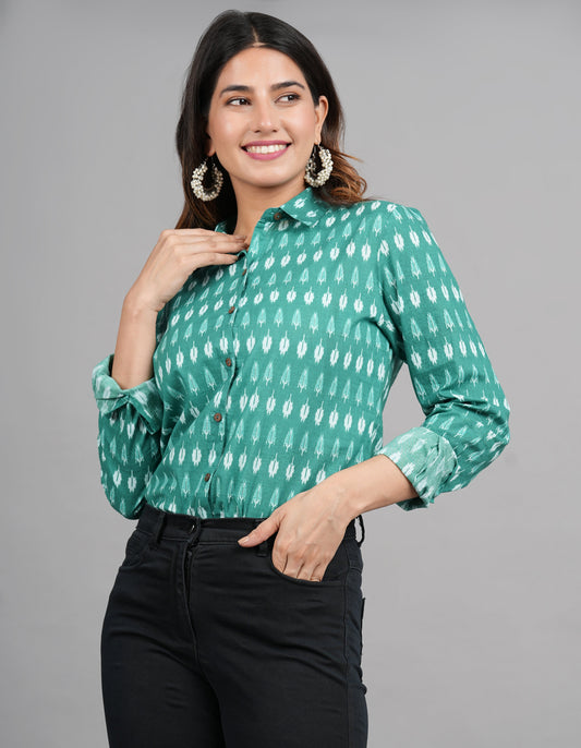 House of RP Women Cotton Green Print Casual Shirt | Swadesiicart