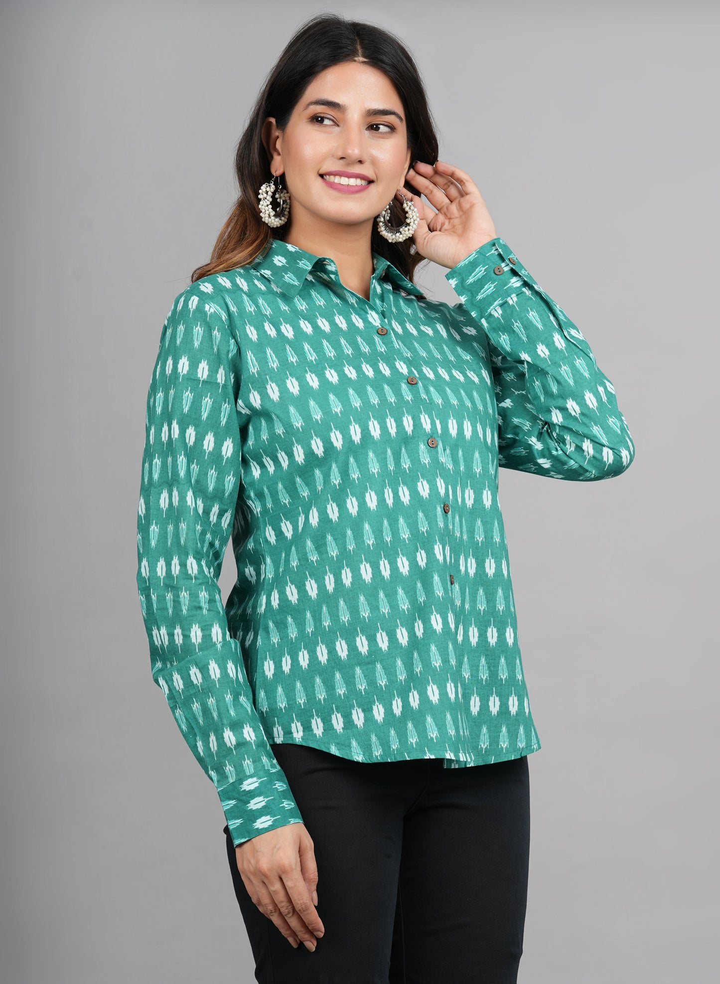 House of RP Women Cotton Green Print Casual Shirt | Swadesiicart