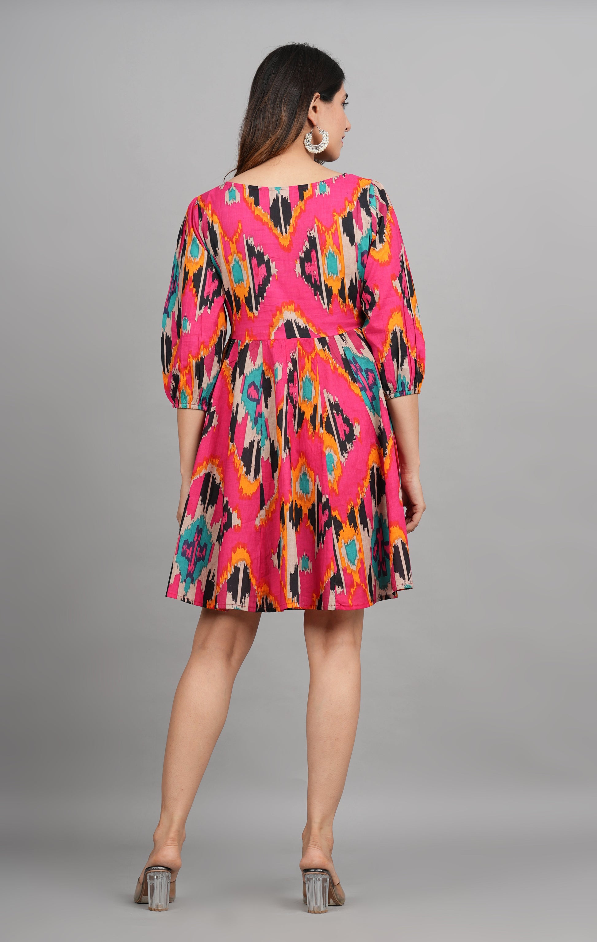 House of RP Women Cotton Pink Fit and Flare Short Dress - Swadesiicart