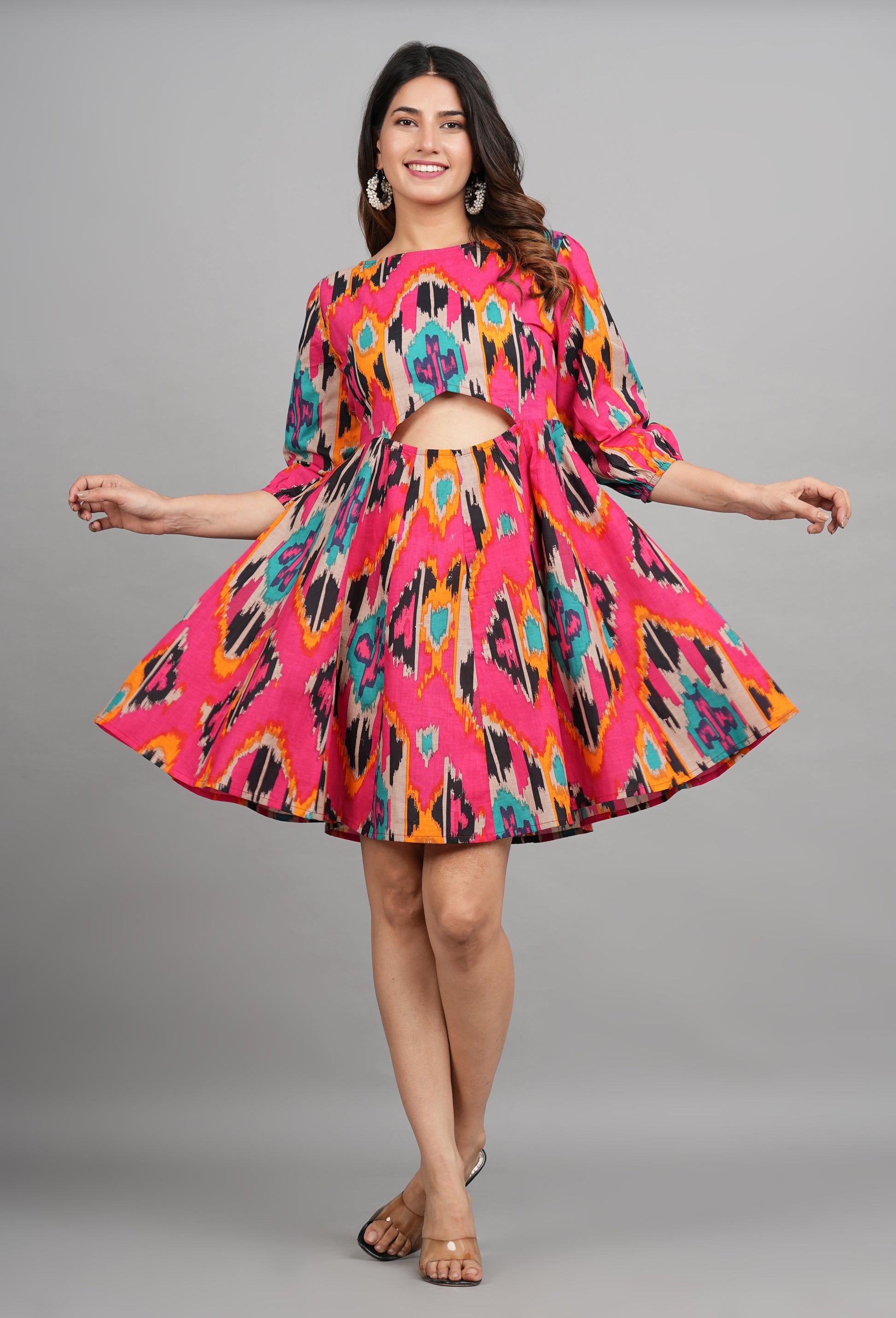 House of RP Women Cotton Pink Fit and Flare Short Dress - Swadesiicart