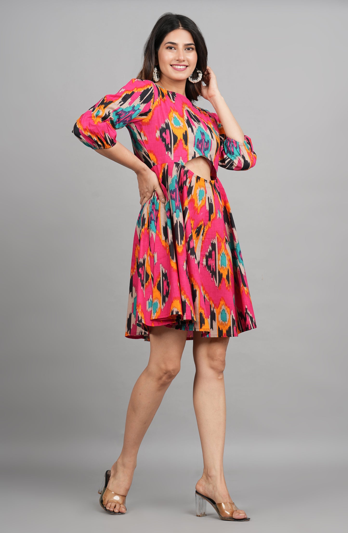 House of RP Women Cotton Pink Fit and Flare Short Dress - Swadesiicart