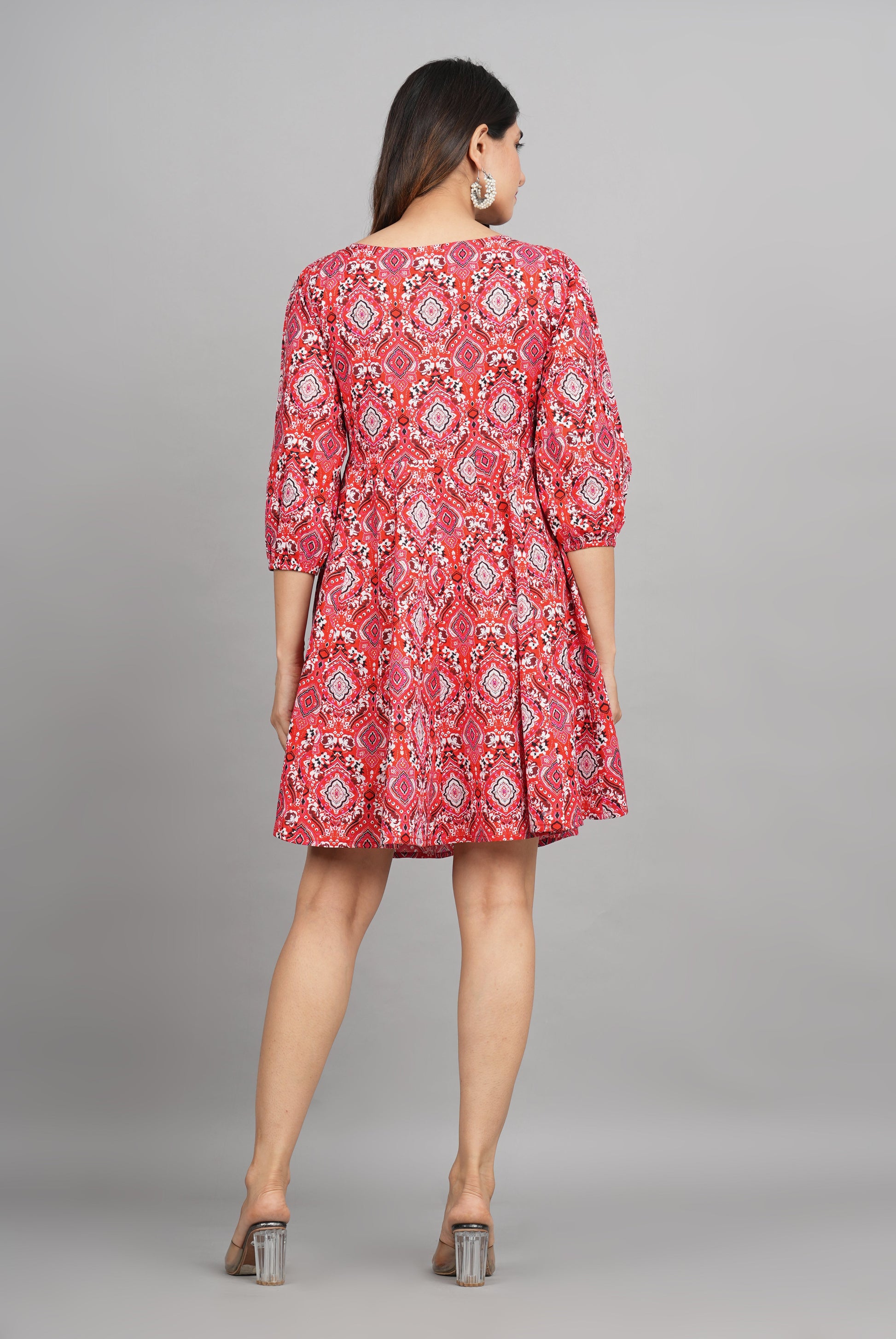 House of RP Women Cotton Red Fit and Flare Short Dress - Swadesiicart
