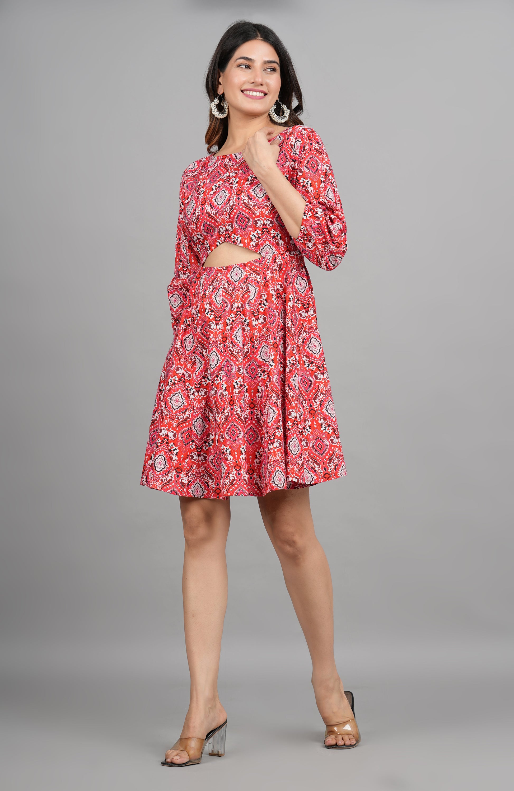 House of RP Women Cotton Red Fit and Flare Short Dress - Swadesiicart