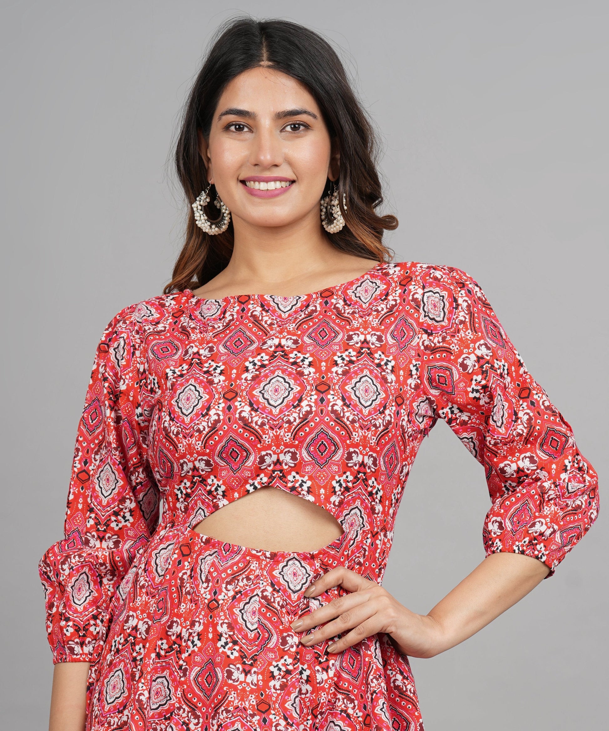 House of RP Women Cotton Red Fit and Flare Short Dress - Swadesiicart