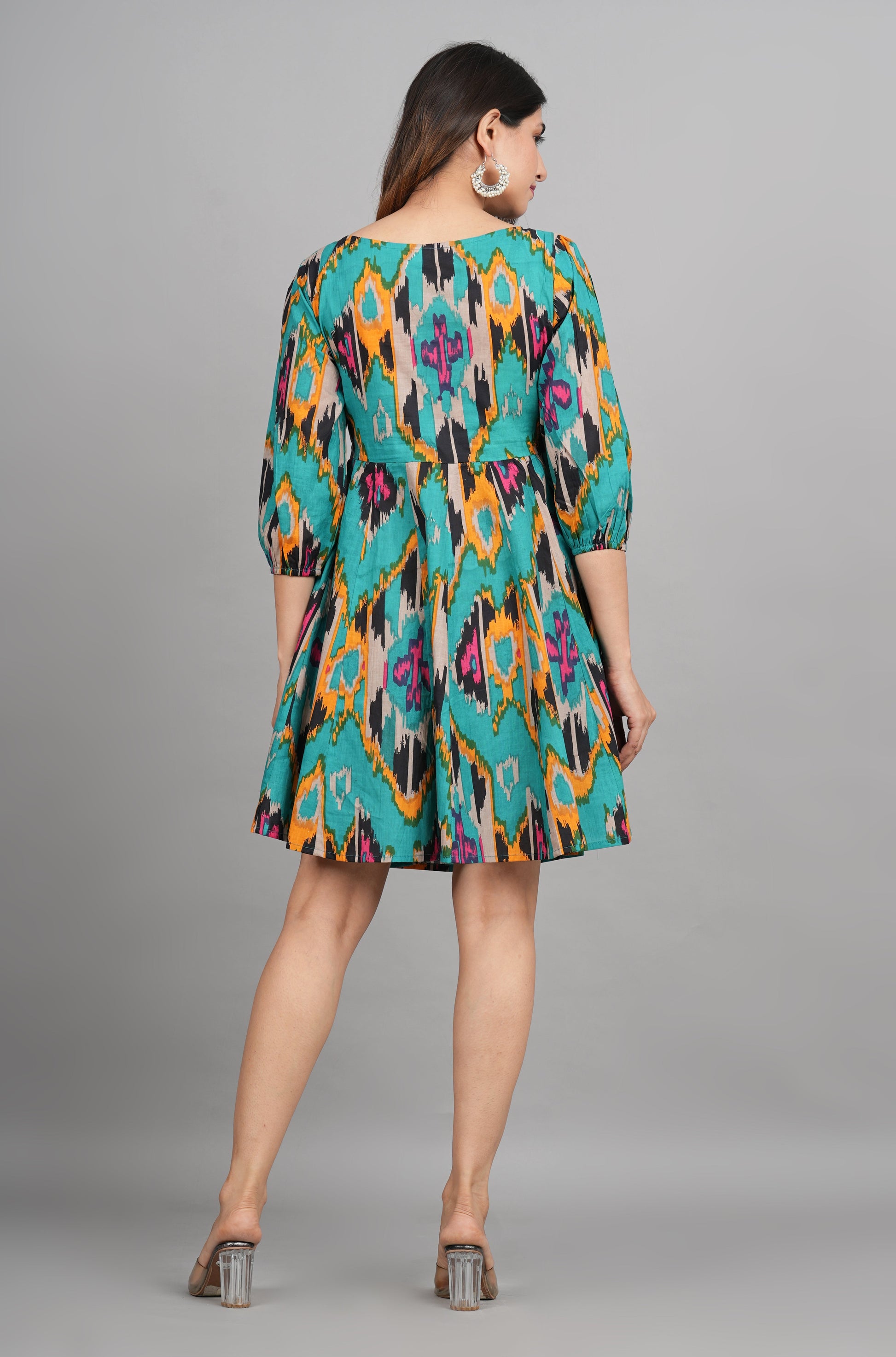House of RP Women Cotton Green Fit and Flare Short Dress - Swadesiicart