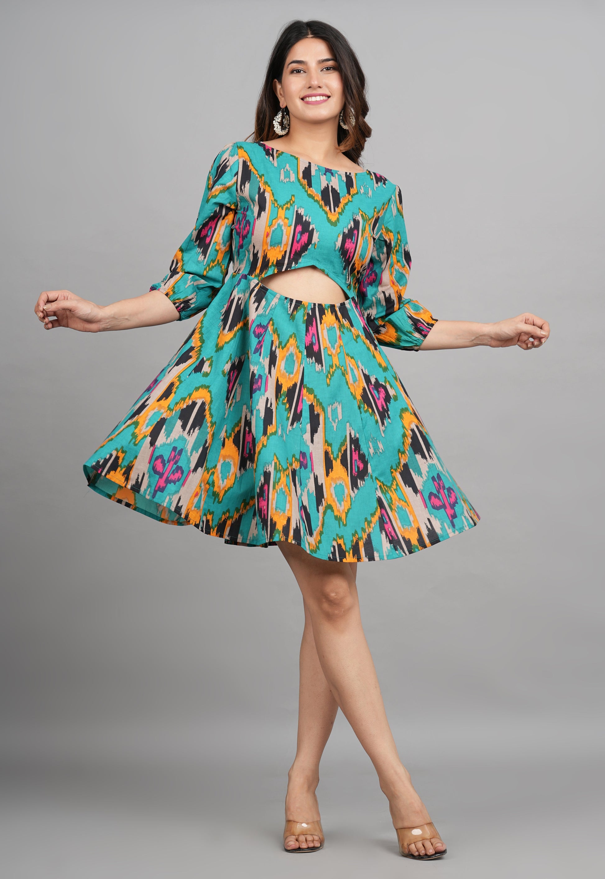 House of RP Women Cotton Green Fit and Flare Short Dress - Swadesiicart