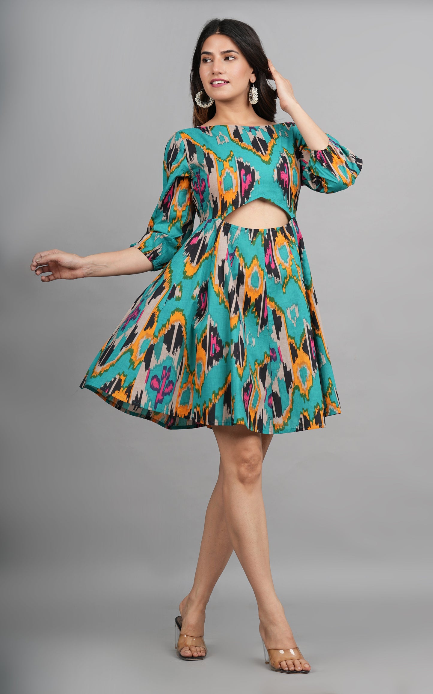 House of RP Women Cotton Green Fit and Flare Short Dress - Swadesiicart