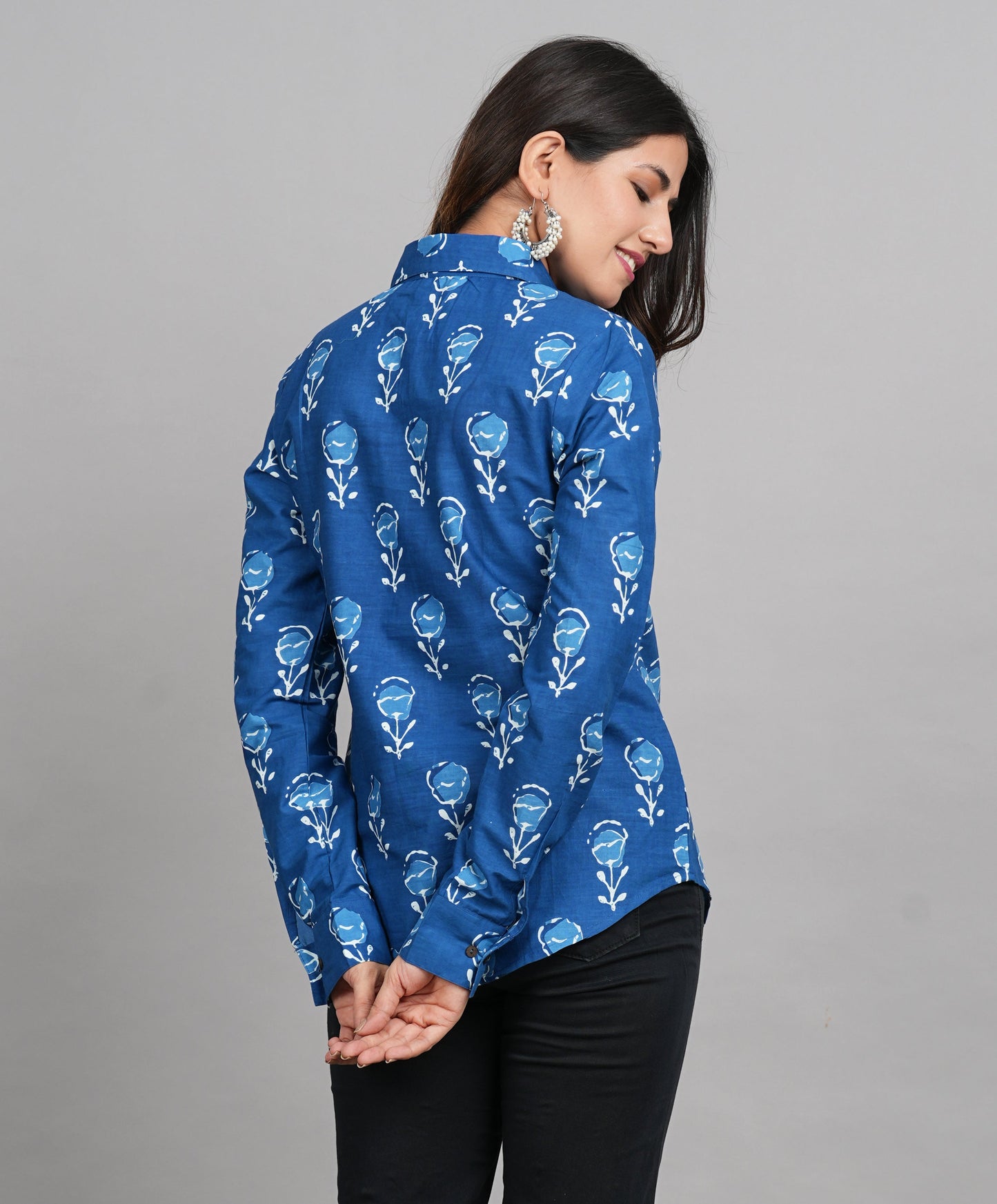 House of RP Women Light Blue Cotton Floral Print Casual Shirt | Swadesiicart