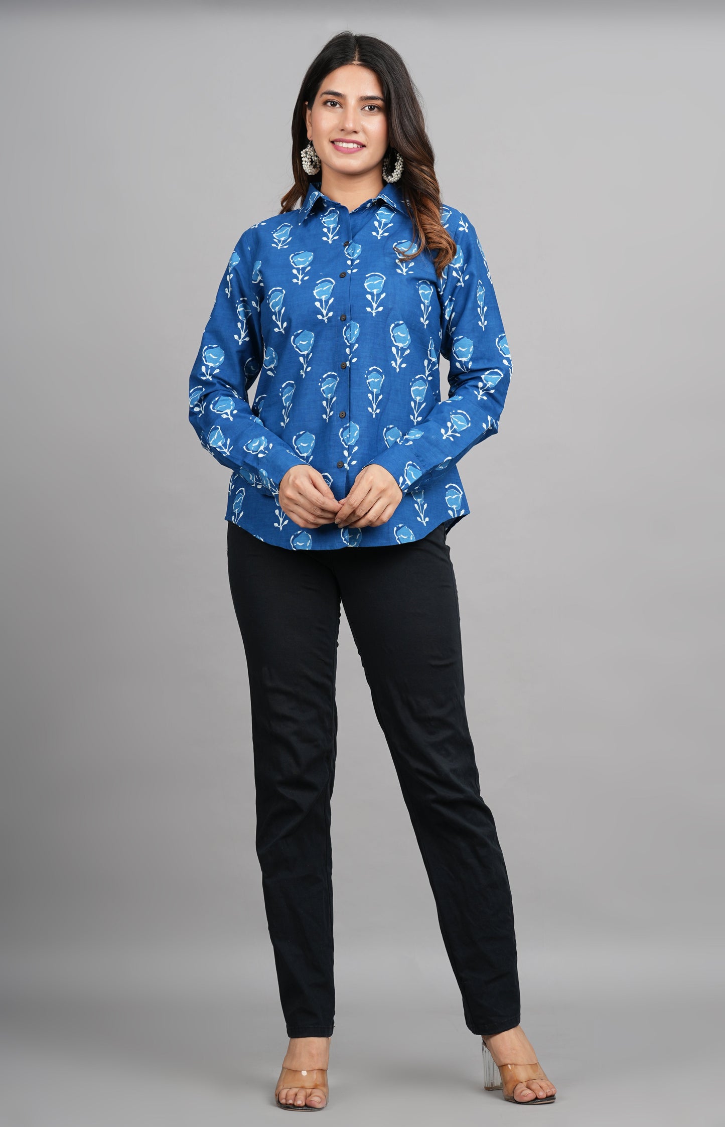 House of RP Women Light Blue Cotton Floral Print Casual Shirt | Swadesiicart