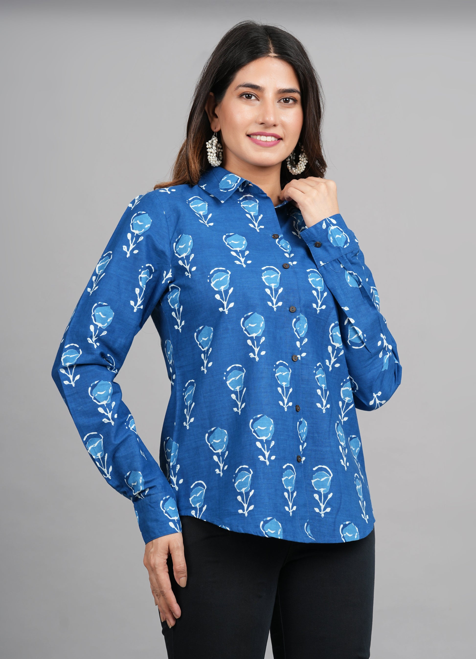 House of RP Women Light Blue Cotton Floral Print Casual Shirt | Swadesiicart