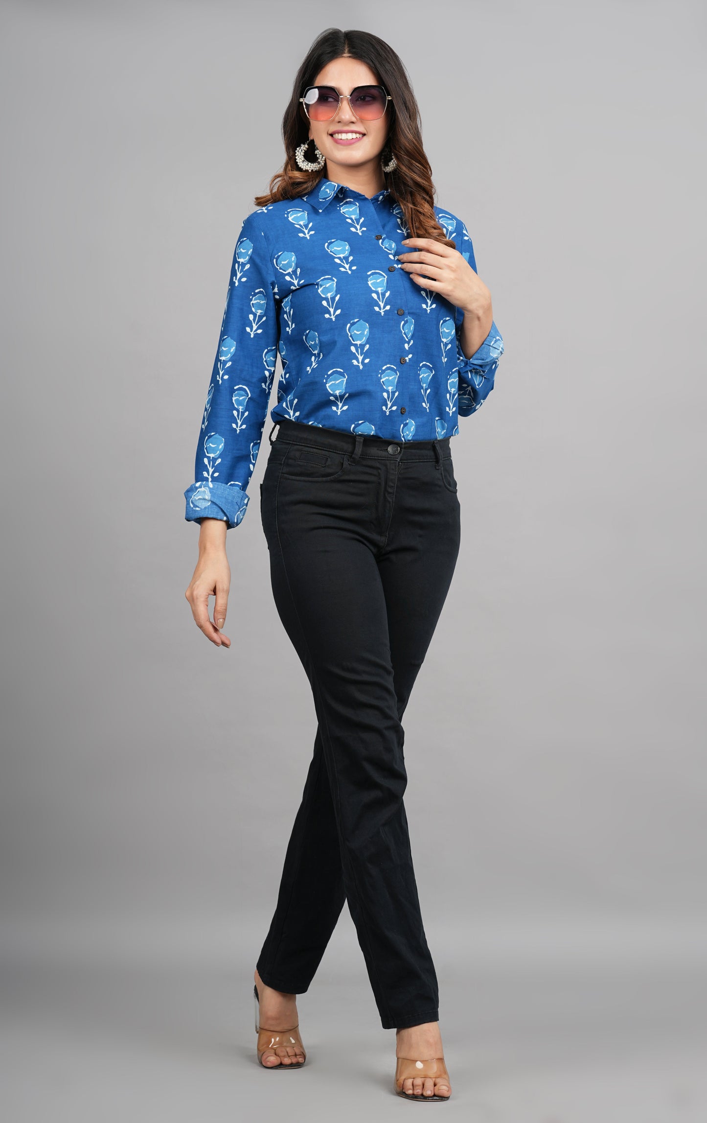 House of RP Women Light Blue Cotton Floral Print Casual Shirt | Swadesiicart