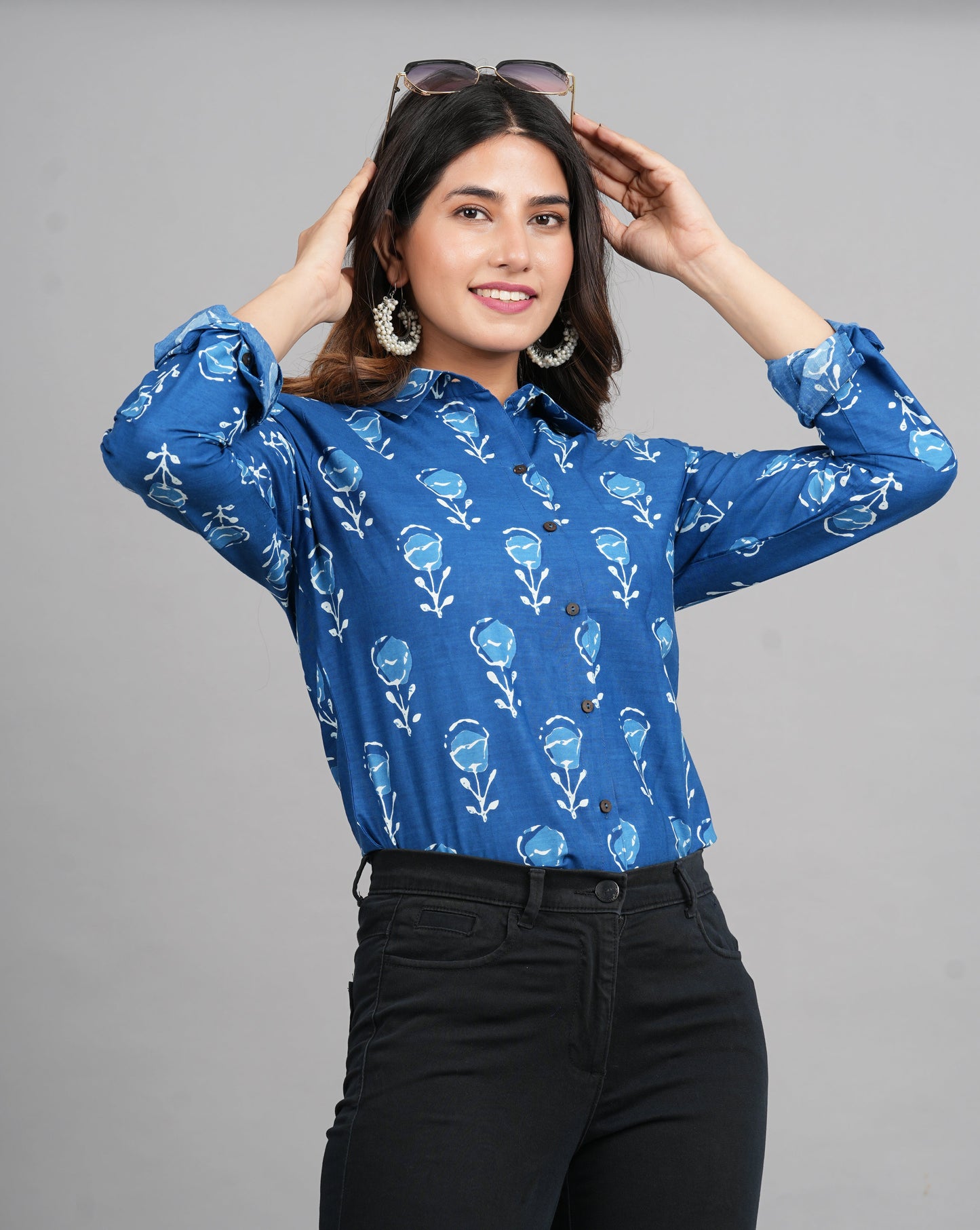 House of RP Women Light Blue Cotton Floral Print Casual Shirt | Swadesiicart
