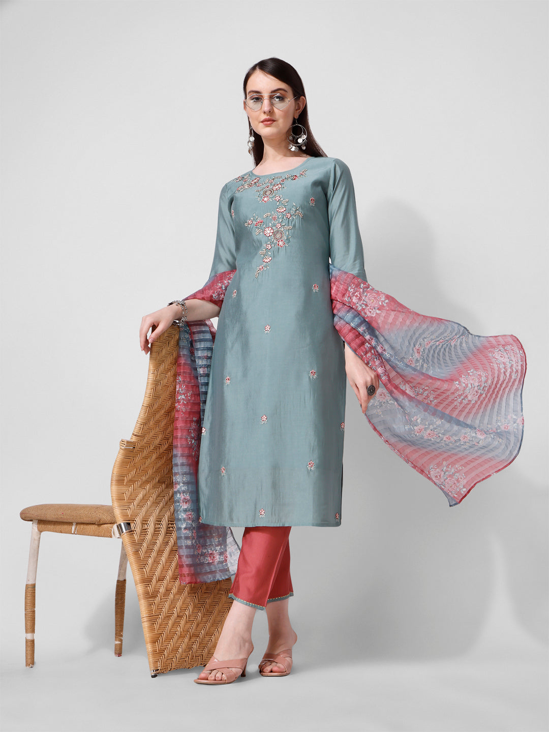 Blue Embroidered Kurta Pant & Printed Dupatta Set, Multicolor - Hiral Fashion