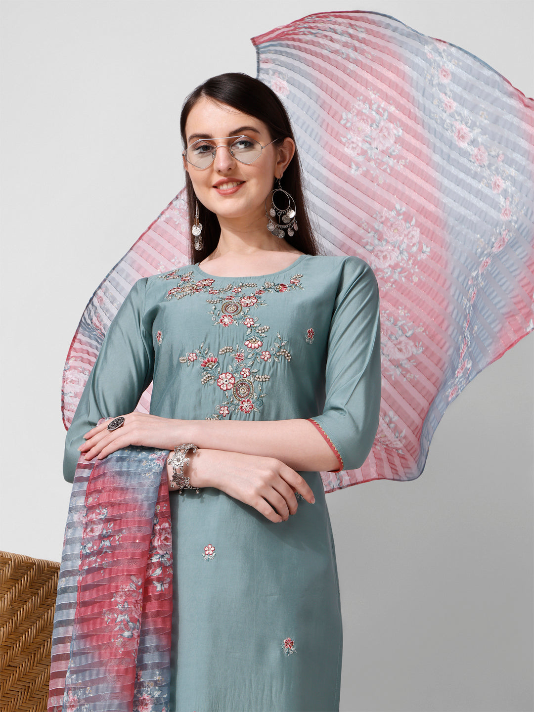 Blue Embroidered Kurta Pant & Printed Dupatta Set, Multicolor - Hiral Fashion