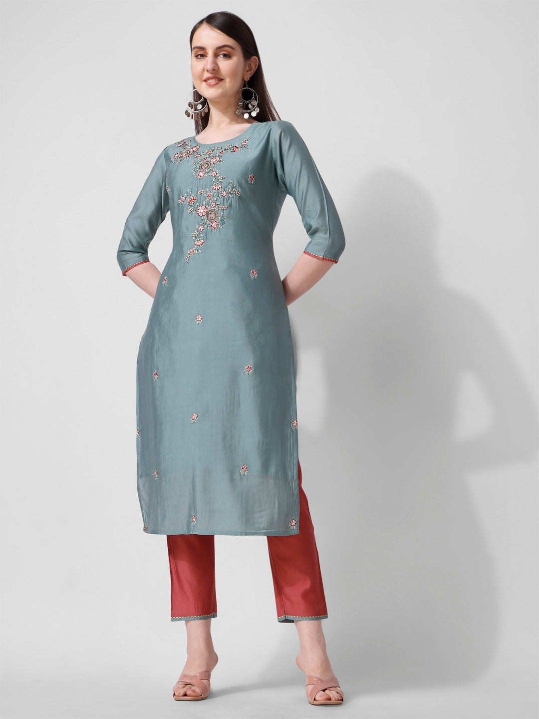 Blue Embroidered Kurta Pant & Printed Dupatta Set, Multicolor - Hiral Fashion