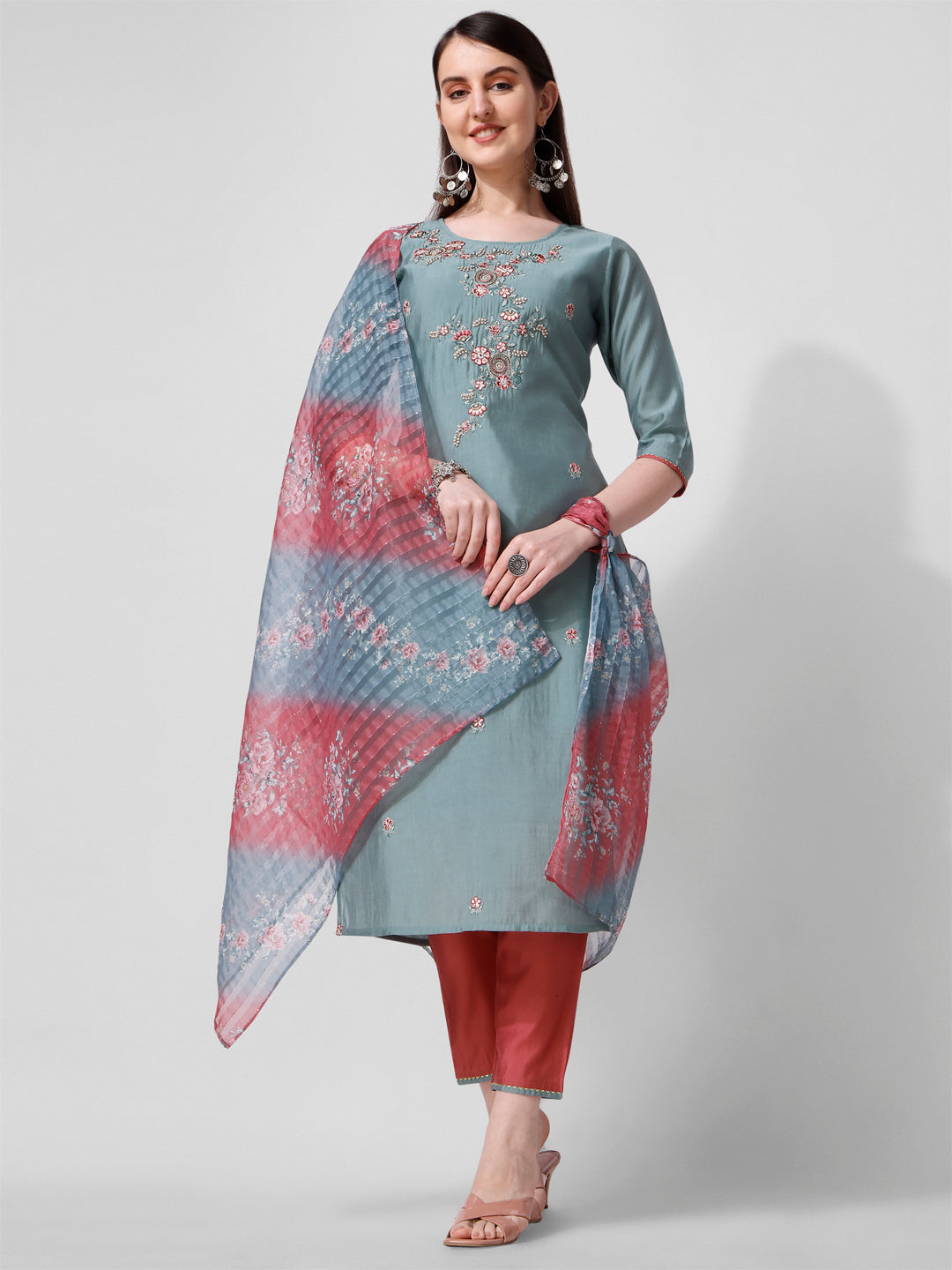 Blue Embroidered Kurta Pant & Printed Dupatta Set, Multicolor - Hiral Fashion