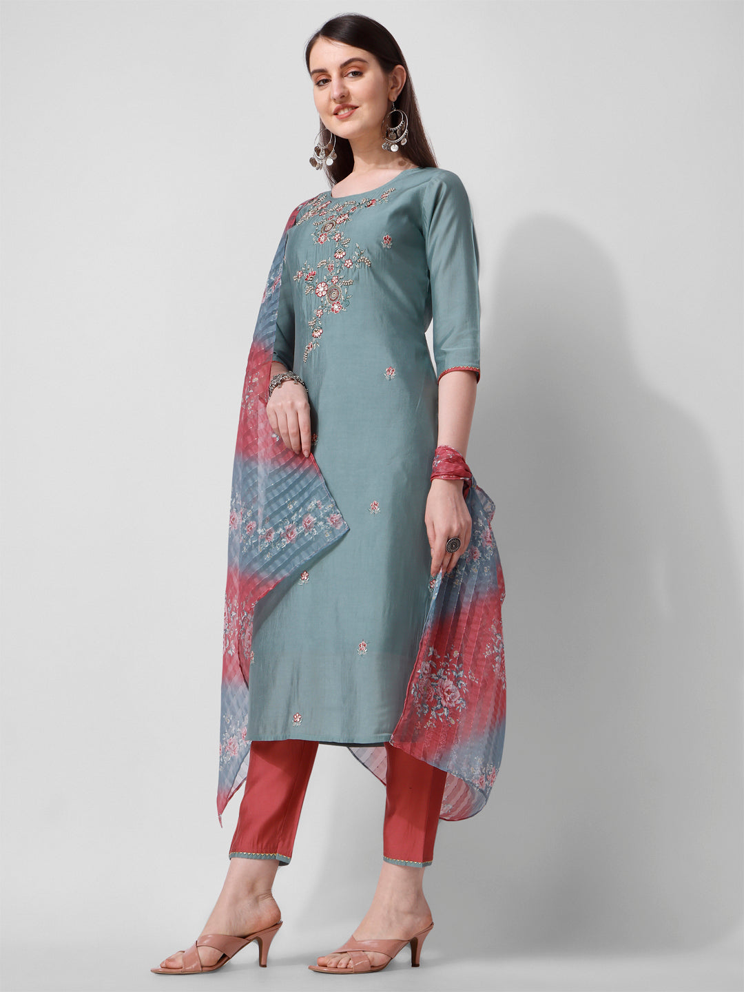 Blue Embroidered Kurta Pant & Printed Dupatta Set, Multicolor - Hiral Fashion