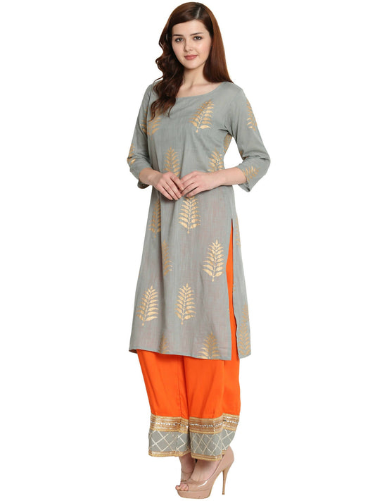 Women's Grey Gold Printed Kurti With Palazzo, Lace Work At Bottom Combined With Dupatta - G & A Apparels | Swadesiicart