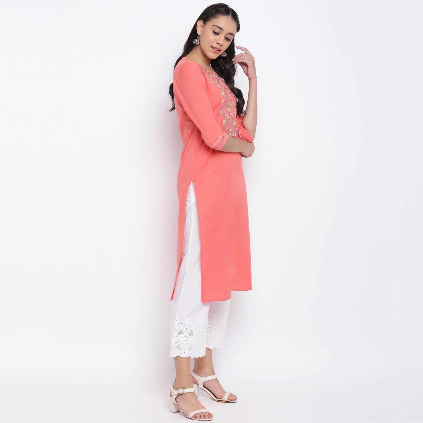 NOZ2TOZ Women's Embroidered Peach Kurti- (1pc Set) - Swadesiicart