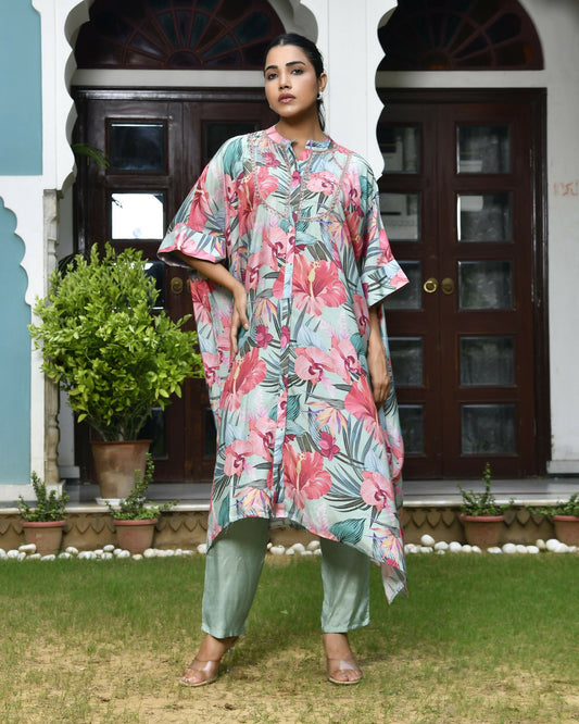 Vaasva Women's Aqua Musline Viscose Digital Printed Kaftan Pant Set | Swadesiicart