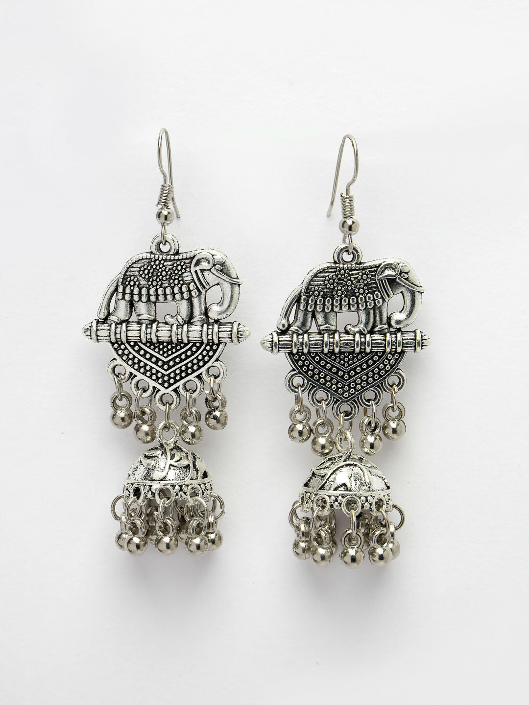 NVR Women's Silver-Toned Elephant Design German Silver Oxidised Dome Shaped Jhumka Earrings | Swadesiicart