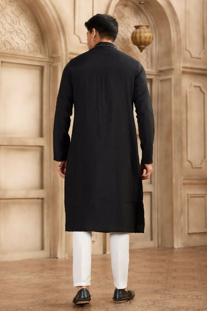 Raivat Ethnic Banarasi Art Silk Mirror Work Kurta Pajama In Black Colour | Swadesiicart
