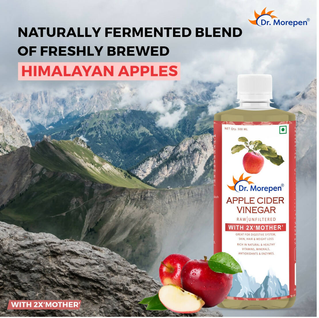 Dr. Morepen Apple Cider Vinegar With 2x Mother for Weight Management, Immunity, Skin & Hair - Swadesiicart