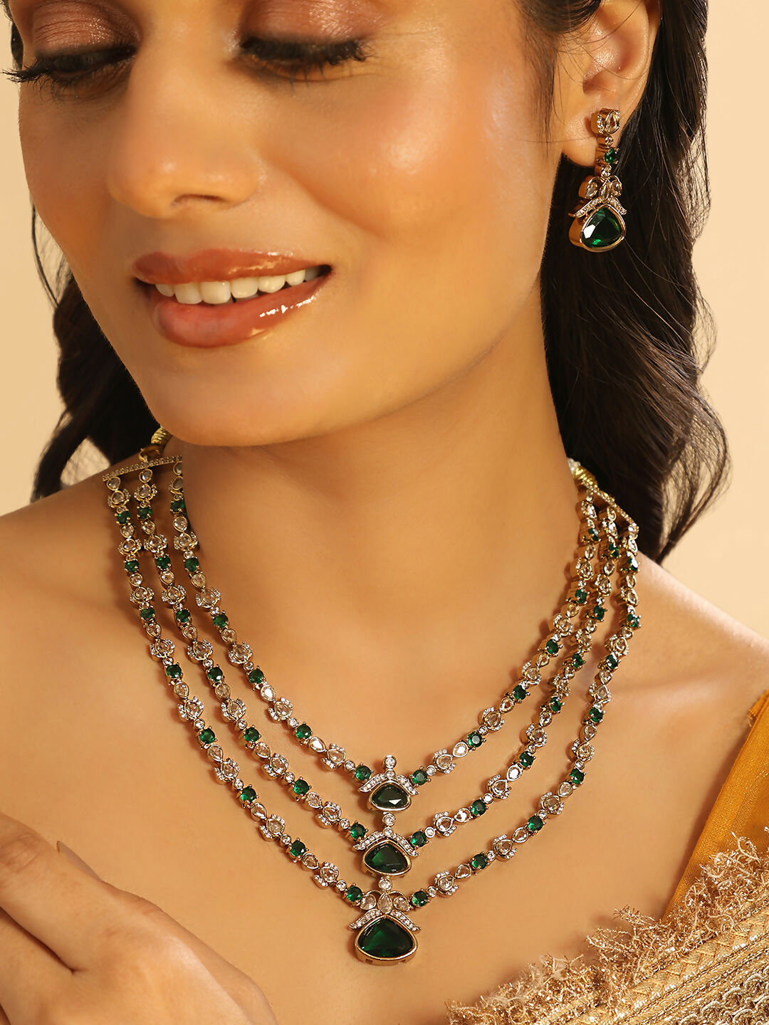 Nuyug 18K Gold Plated Emerald Elysian Layered Necklace Set | Swadesiicart