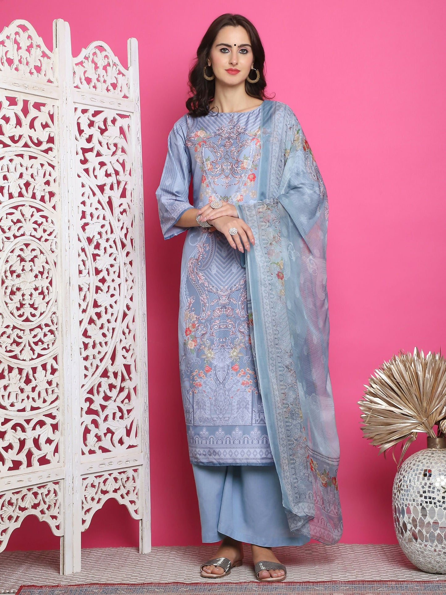 Jyoti Fashion Women's Grey Satin Traditional Digital Print with Crystal work Kurta with Trouser & Dupatta | Swadesiicart