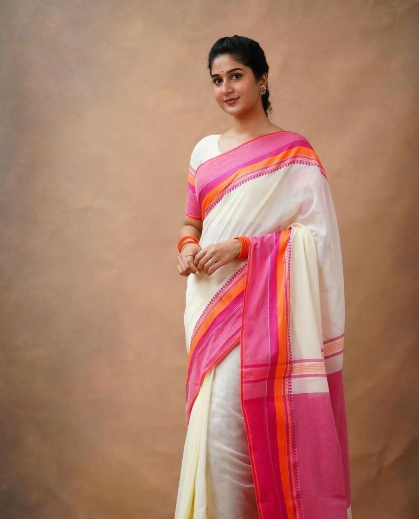 Exclusive Collection Off White Beautiful Khadi Cotton Handloom Saree - Swadesiicart