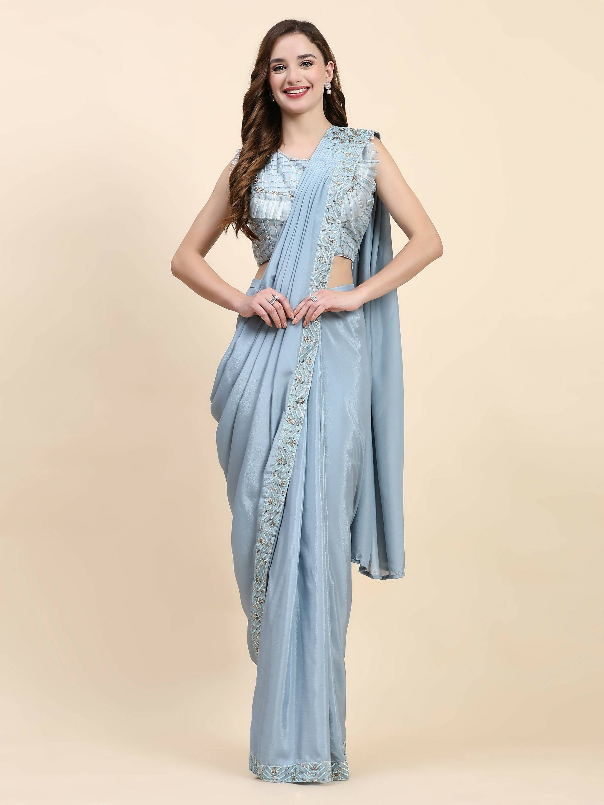 Blue Silk Satin Solid Ready to wear Saree with stitched Blouse - Satiksha | Swadesiicart