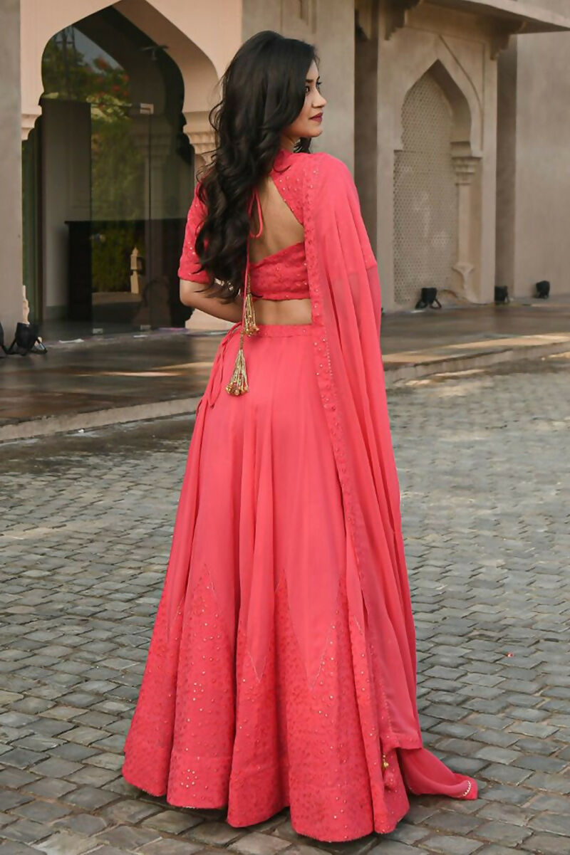Jyoti Fashion Gajri Thread Embroidery Georgette Lehenga Choli with Dupatta | Swadesiicart