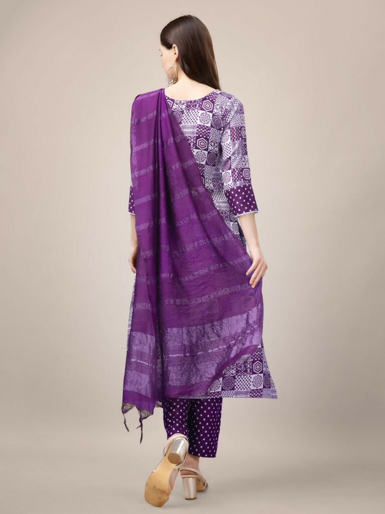Jyoti Fashion Women's Purple Rayon Print with Embroidery & Fancy Lace Work Kurta with Trouser & Dupatta | Swadesiicart