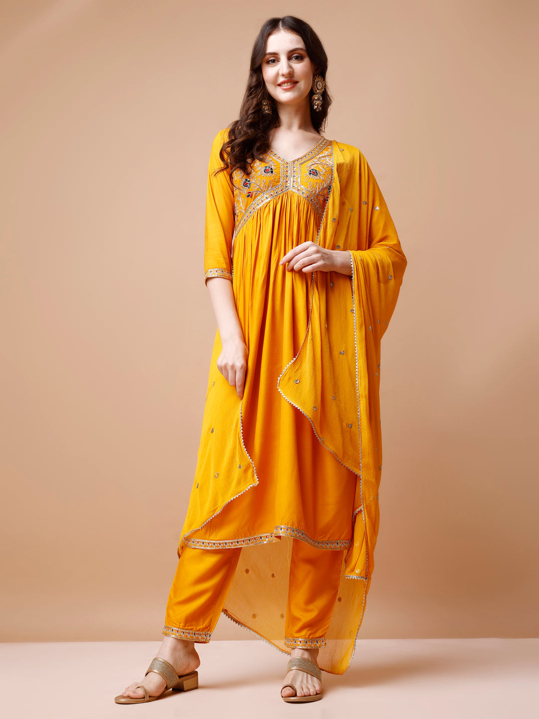Alia Cut Embroidered Kurta With Pant & Dupatta, Multicolor - Hiral Fashion