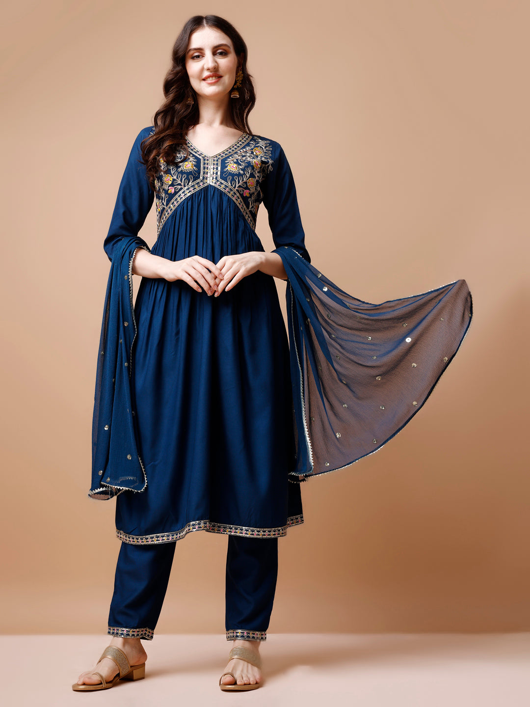 Alia Cut Embroidered Kurta With Pant & Dupatta, Multicolor - Hiral Fashion