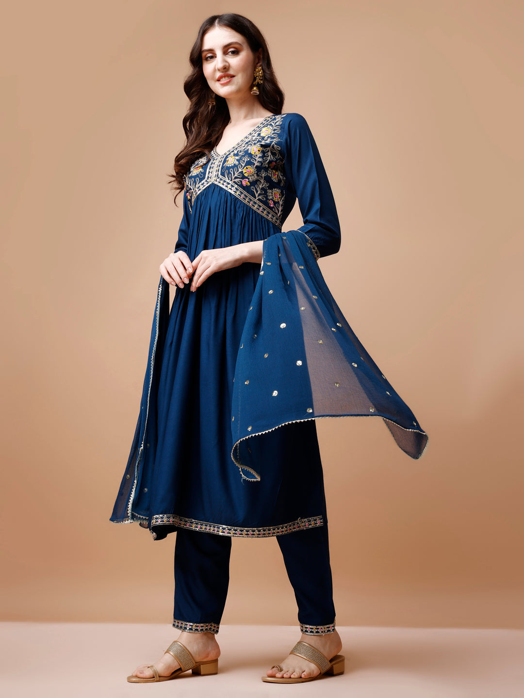 Alia Cut Embroidered Kurta With Pant & Dupatta, Multicolor - Hiral Fashion