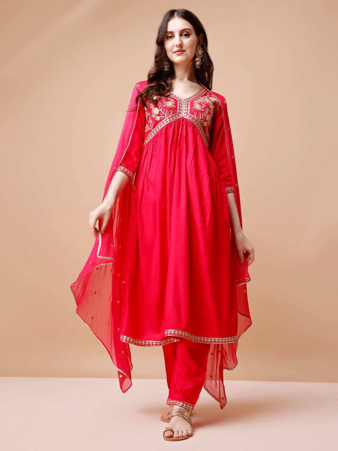 Alia Cut Embroidered Kurta With Pant & Dupatta, Multicolor - Hiral Fashion