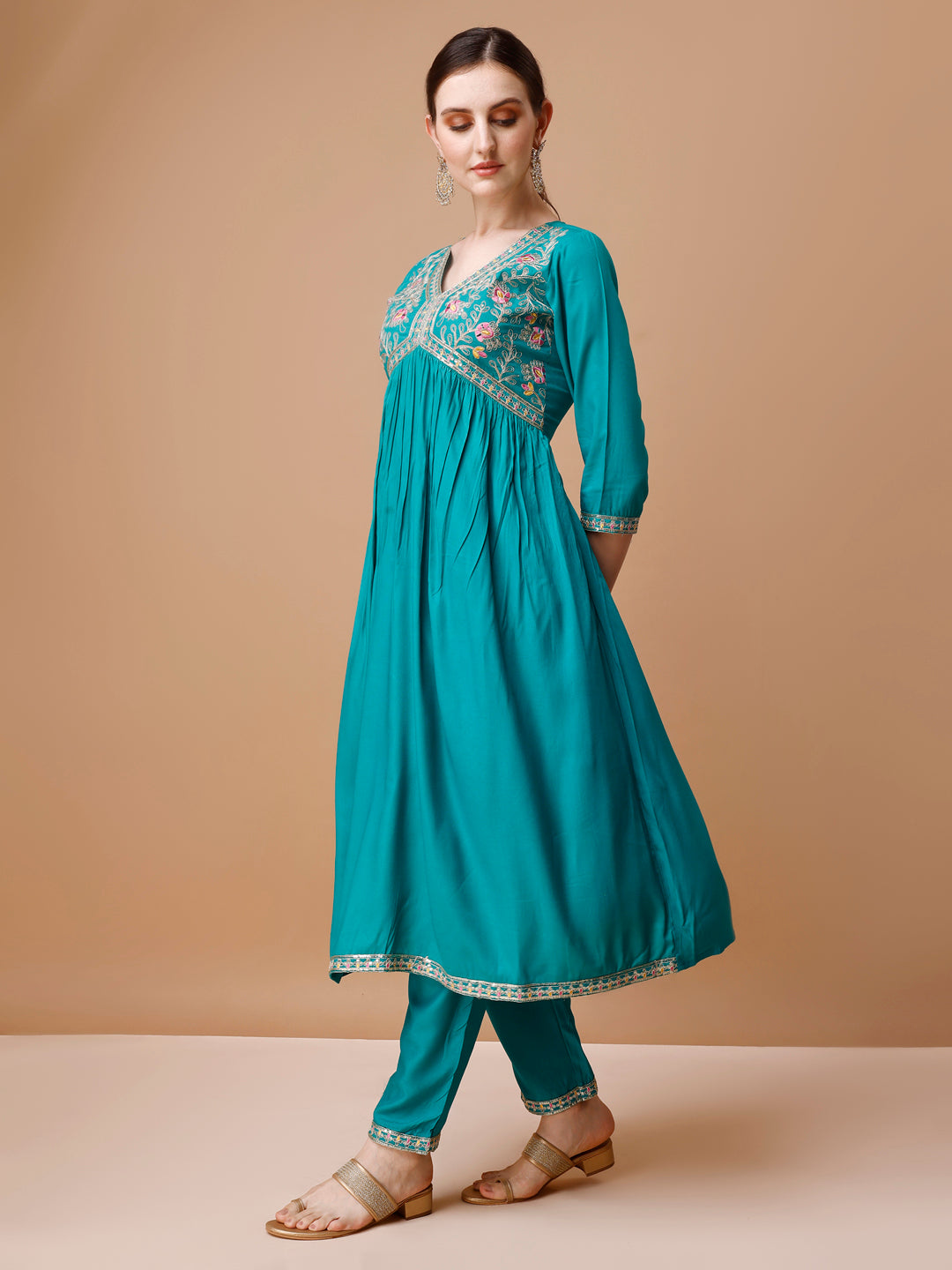 Alia Cut Embroidered Kurta With Pant & Dupatta, Multicolor - Hiral Fashion