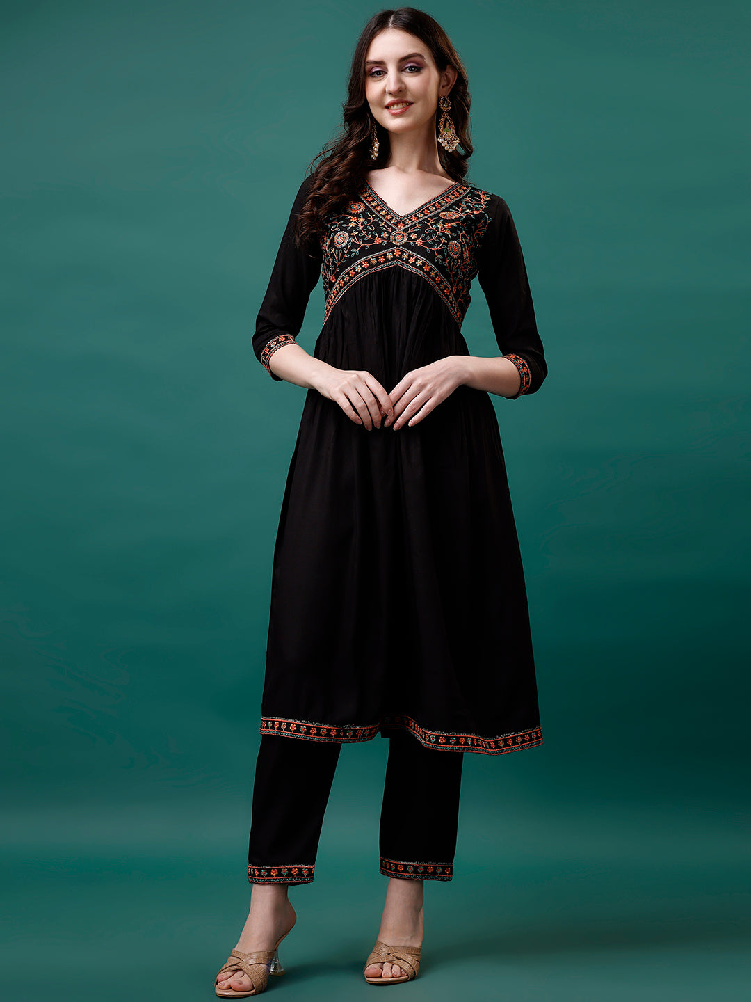 Alia Cut Embroidered Kurta With Pant & Printed Dupatta, Multicolor - Hiral Fashion