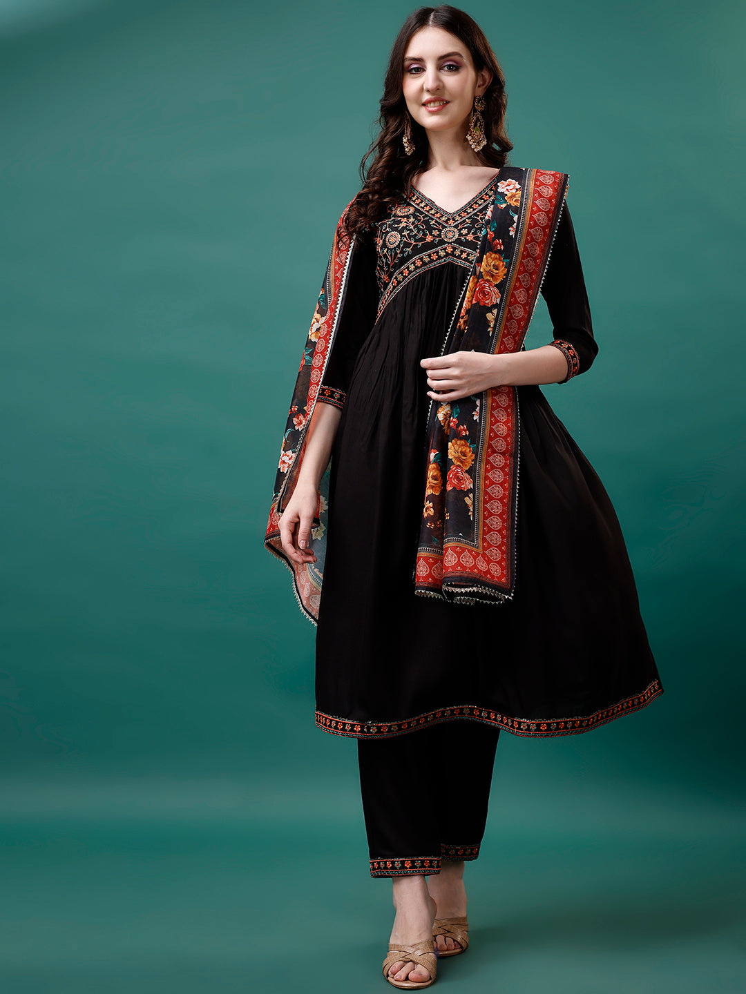 Alia Cut Embroidered Kurta With Pant & Printed Dupatta, Multicolor - Hiral Fashion