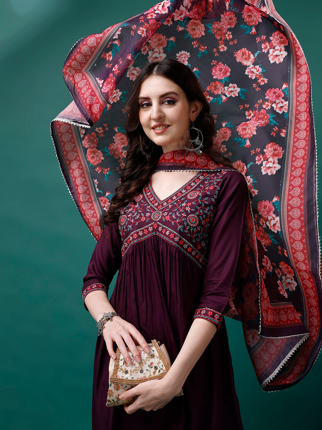 Alia Cut Embroidered Kurta With Pant & Printed Dupatta, Multicolor - Hiral Fashion