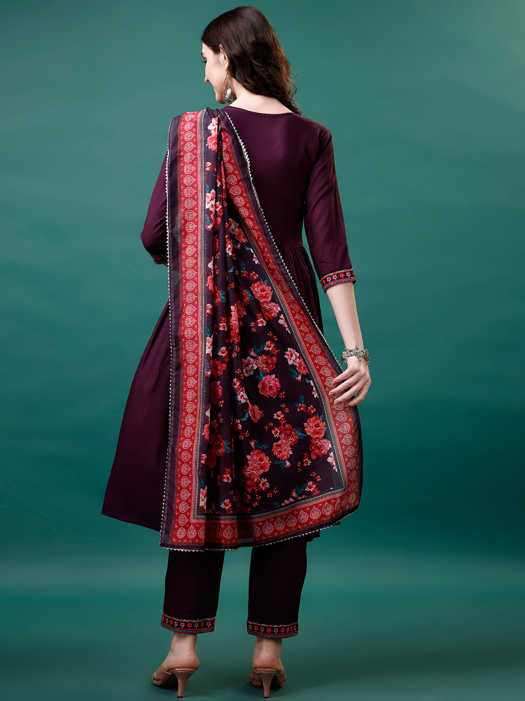 Alia Cut Embroidered Kurta With Pant & Printed Dupatta, Multicolor - Hiral Fashion
