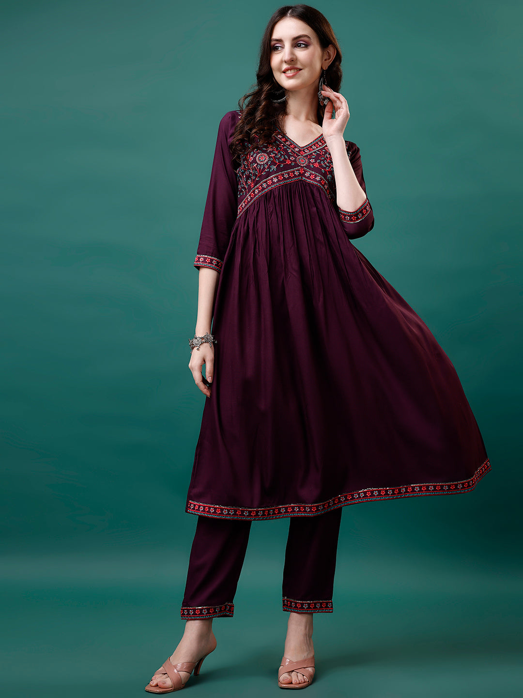Alia Cut Embroidered Kurta With Pant & Printed Dupatta, Multicolor - Hiral Fashion