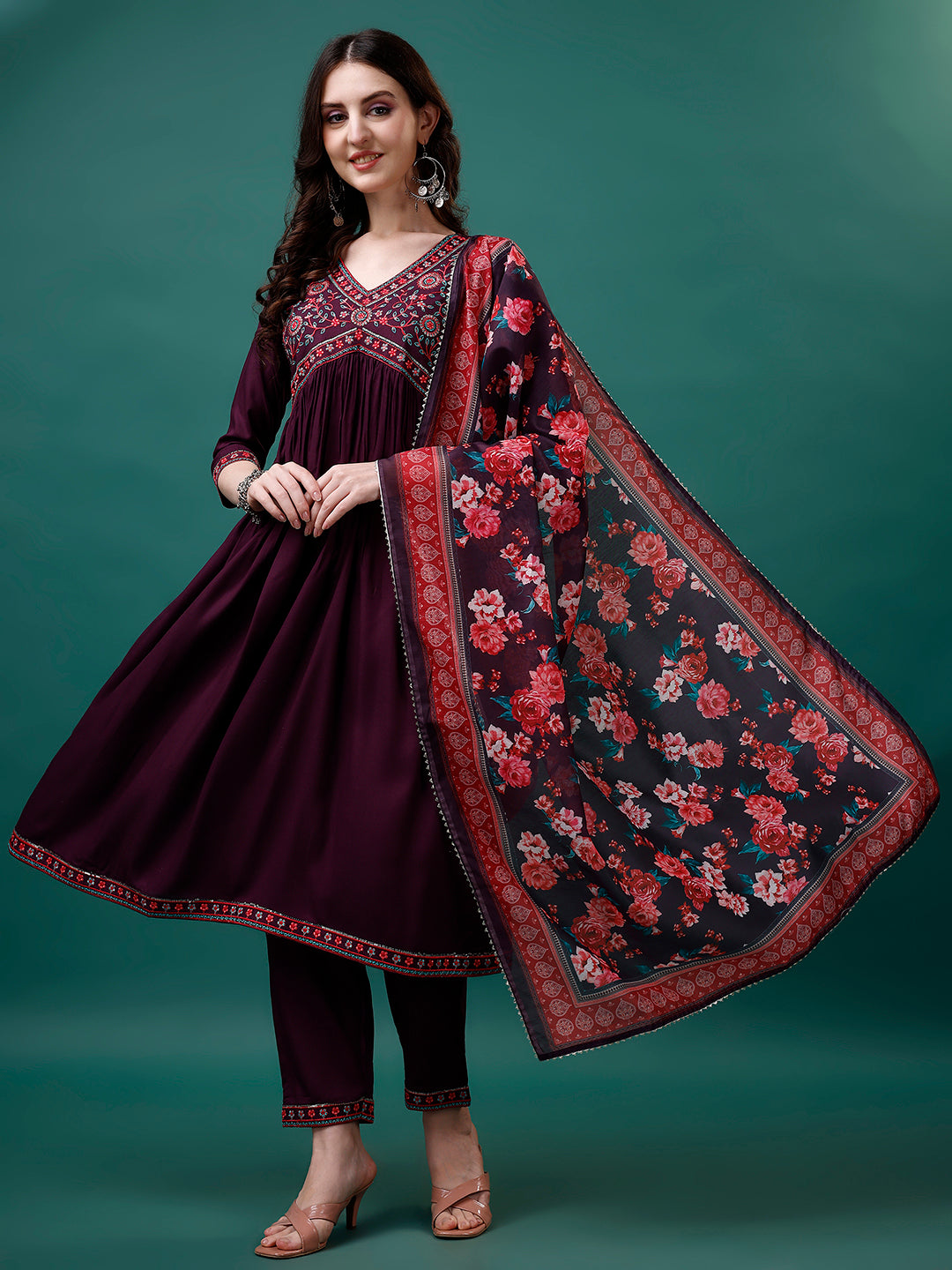 Alia Cut Embroidered Kurta With Pant & Printed Dupatta, Multicolor - Hiral Fashion